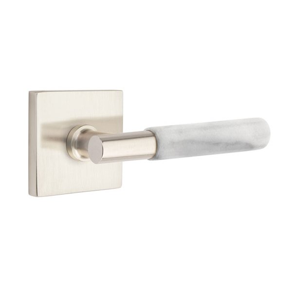 Emtek Single Dummy White Marble Right Handed Lever With T-Bar Stem And Square Rose In Satin Nickel
