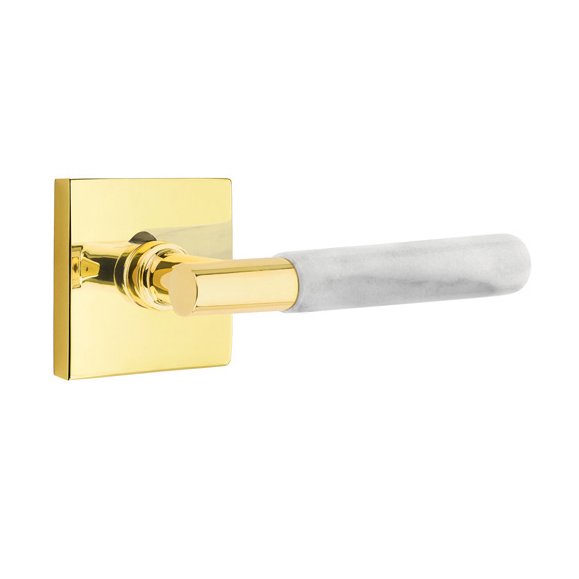 Emtek Single Dummy White Marble Right Handed Lever With T-Bar Stem And Square Rose In Unlacquered Brass