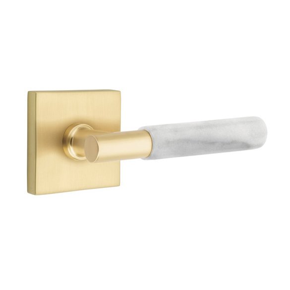 Emtek Single Dummy White Marble Right Handed Lever With T-Bar Stem And Square Rose In Satin Brass
