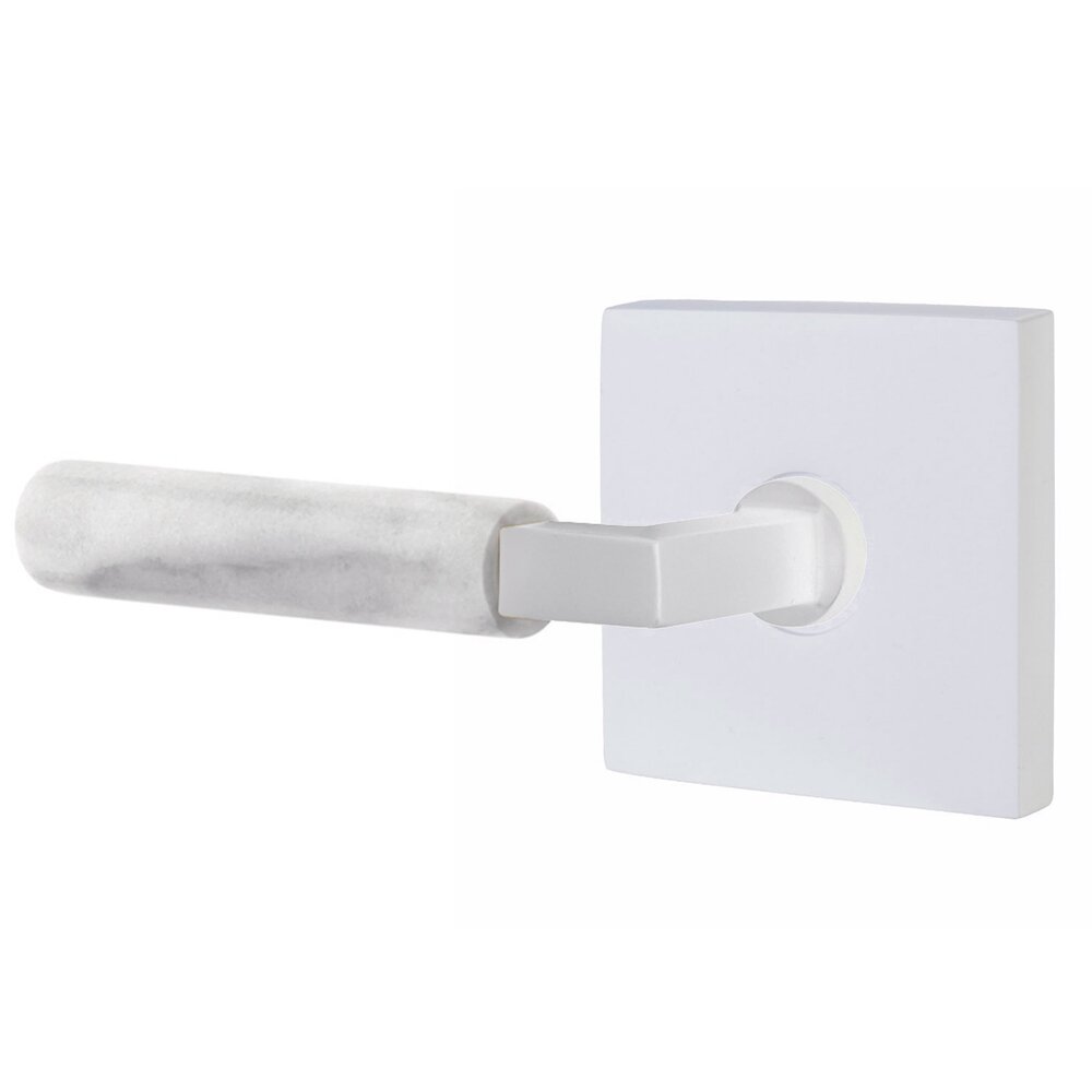 Emtek Double Dummy White Marble Left Handed Lever With L-Square Stem And Square Rose In Matte White