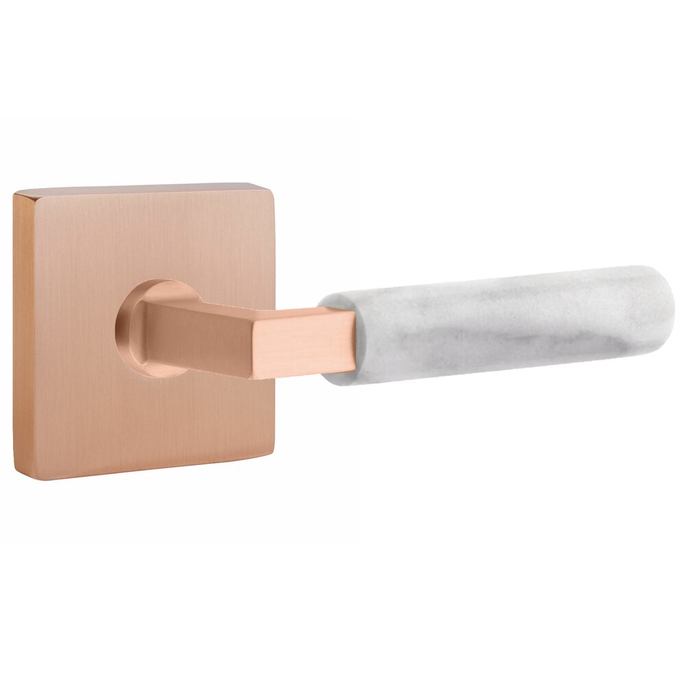 Emtek Double Dummy White Marble Right Handed Lever With L-Square Stem And Square Rose In Satin Rose Gold