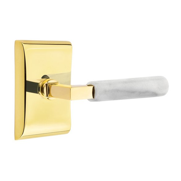 Emtek Double Dummy White Marble Left Handed Lever With L-Square Stem And Neos Rose In Unlacquered Brass