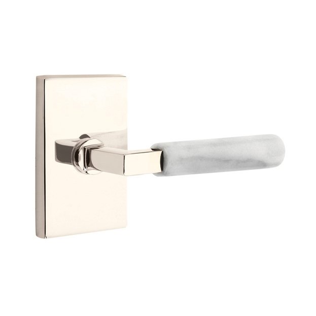 Emtek Single Dummy White Marble Right Handed Lever With L-Square Stem And Modern Rectangular Rose In Polished Nickel