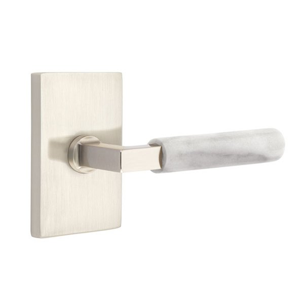 Emtek Single Dummy White Marble Right Handed Lever With L-Square Stem And Modern Rectangular Rose In Satin Nickel