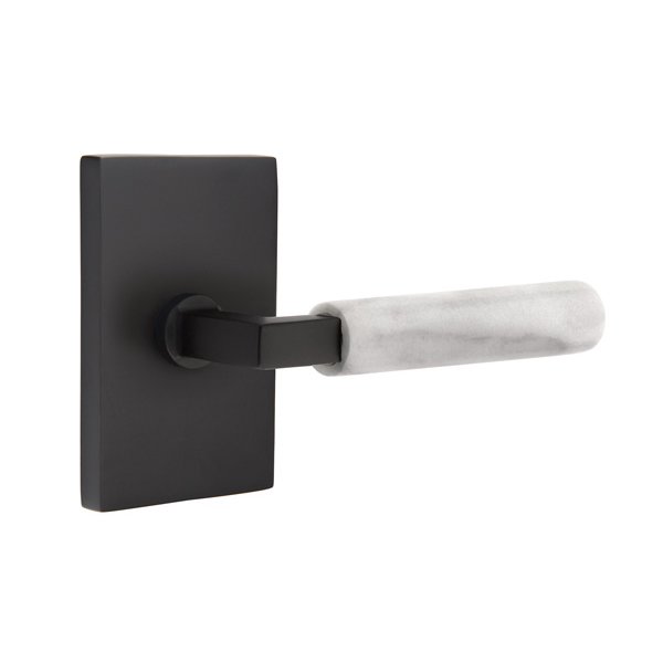 Emtek Double Dummy White Marble Right Handed Lever With L-Square Stem And Modern Rectangular Rose In Flat Black
