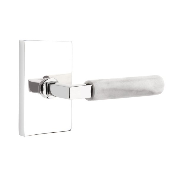 Emtek Double Dummy White Marble Right Handed Lever With L-Square Stem And Modern Rectangular Rose In Polished Chrome