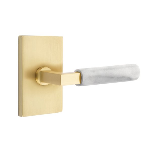 Emtek Double Dummy White Marble Right Handed Lever With L-Square Stem And Modern Rectangular Rose In Satin Brass