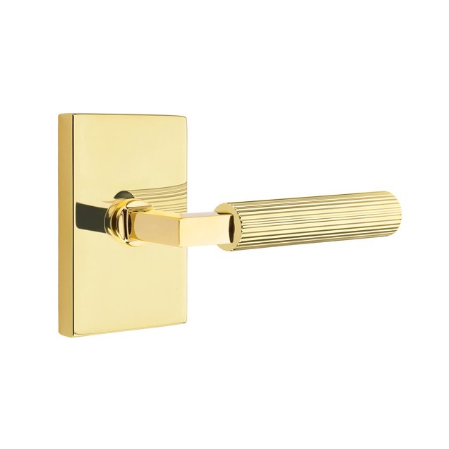 Emtek Double Dummy Straight Knurled Left Handed Lever With L-Square Stem And Modern Rectangular Rose In Unlacquered Brass