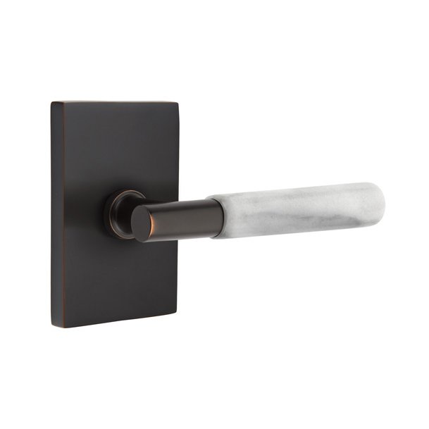 Emtek Double Dummy White Marble Right Handed Lever With T-Bar Stem And Modern Rectangular Rose In Oil Rubbed Bronze