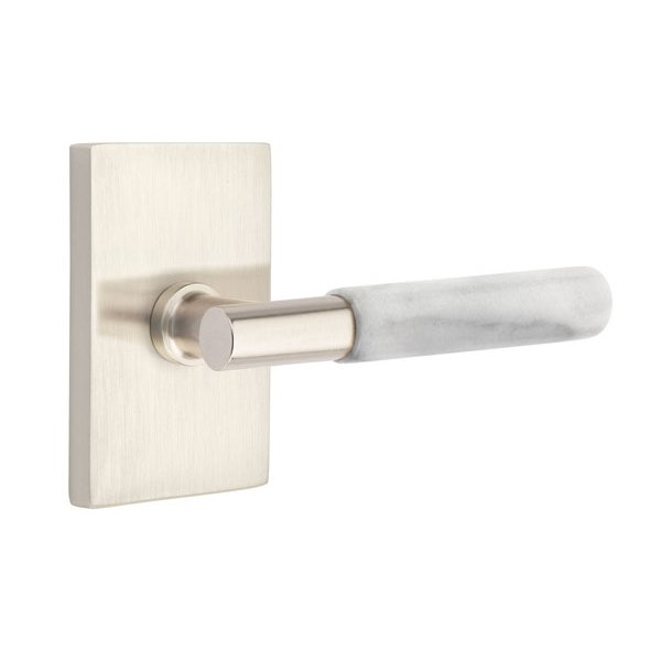 Emtek Double Dummy White Marble Right Handed Lever With T-Bar Stem And Modern Rectangular Rose In Satin Nickel