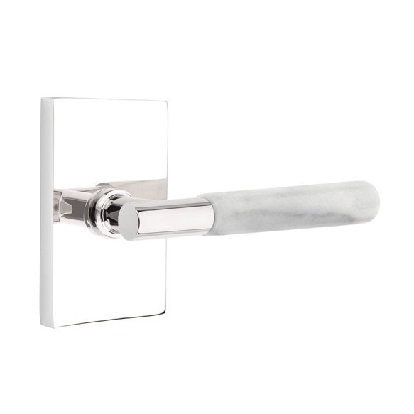 Emtek Double Dummy White Marble Right Handed Lever With T-Bar Stem And Modern Rectangular Rose In Polished Chrome