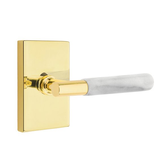 Emtek Double Dummy White Marble Right Handed Lever With T-Bar Stem And Modern Rectangular Rose In Unlacquered Brass