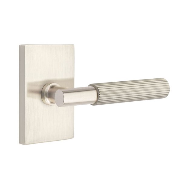 Emtek Double Dummy Straight Knurled Right Handed Lever With T-Bar Stem And Modern Rectangular Rose In Satin Nickel