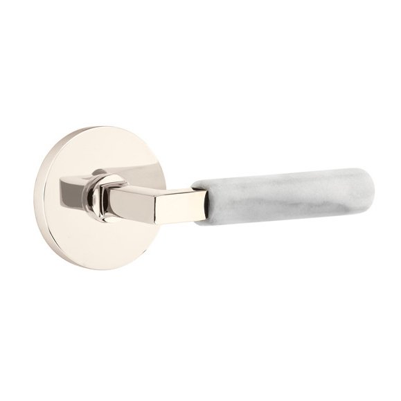 Emtek Single Dummy White Marble Right Handed Lever With L-Square Stem And Disk Rose In Polished Nickel