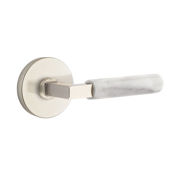 Emtek Single Dummy White Marble Right Handed Lever With L-Square Stem And Disk Rose In Satin Nickel