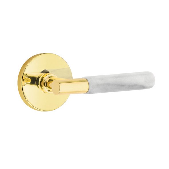 Emtek Single Dummy White Marble Right Handed Lever With T-Bar Stem And Disk Rose In Unlacquered Brass