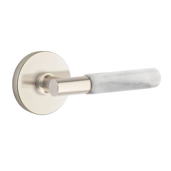 Emtek Double Dummy White Marble Right Handed Lever With T-Bar Stem And Disk Rose In Satin Nickel