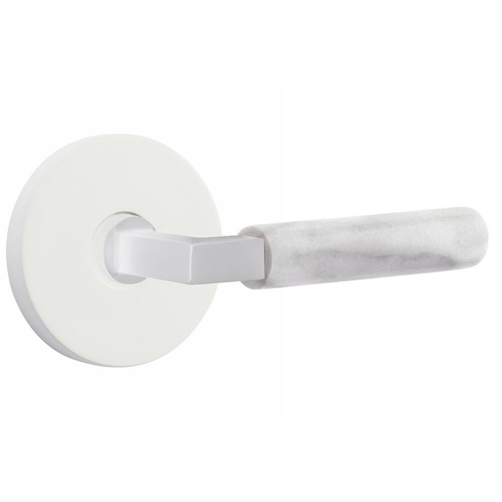 Emtek Passage White Marble Right Handed Lever With L-Square Stem And Disk Rosette With Concealed Screws In Matte White