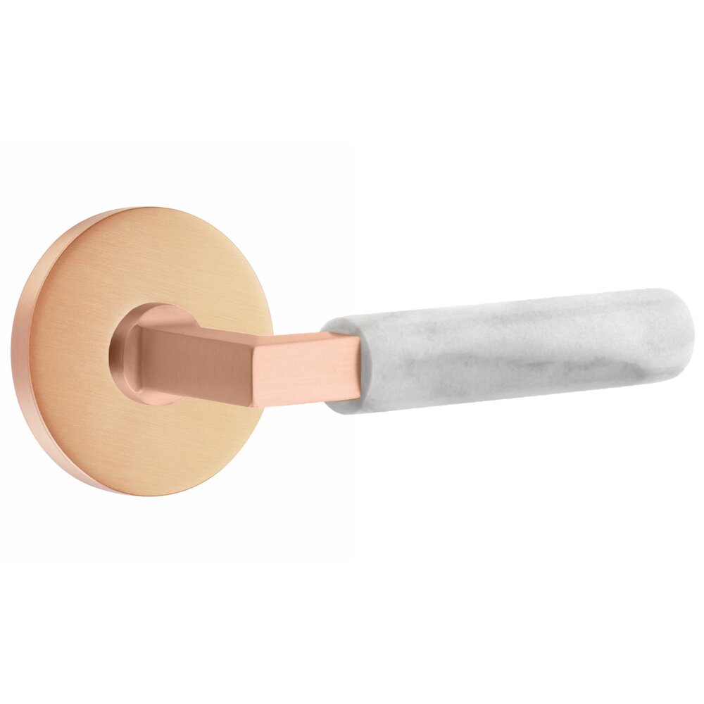 Emtek Passage White Marble Right Handed Lever With L-Square Stem And Disk Rose In Satin Rose Gold