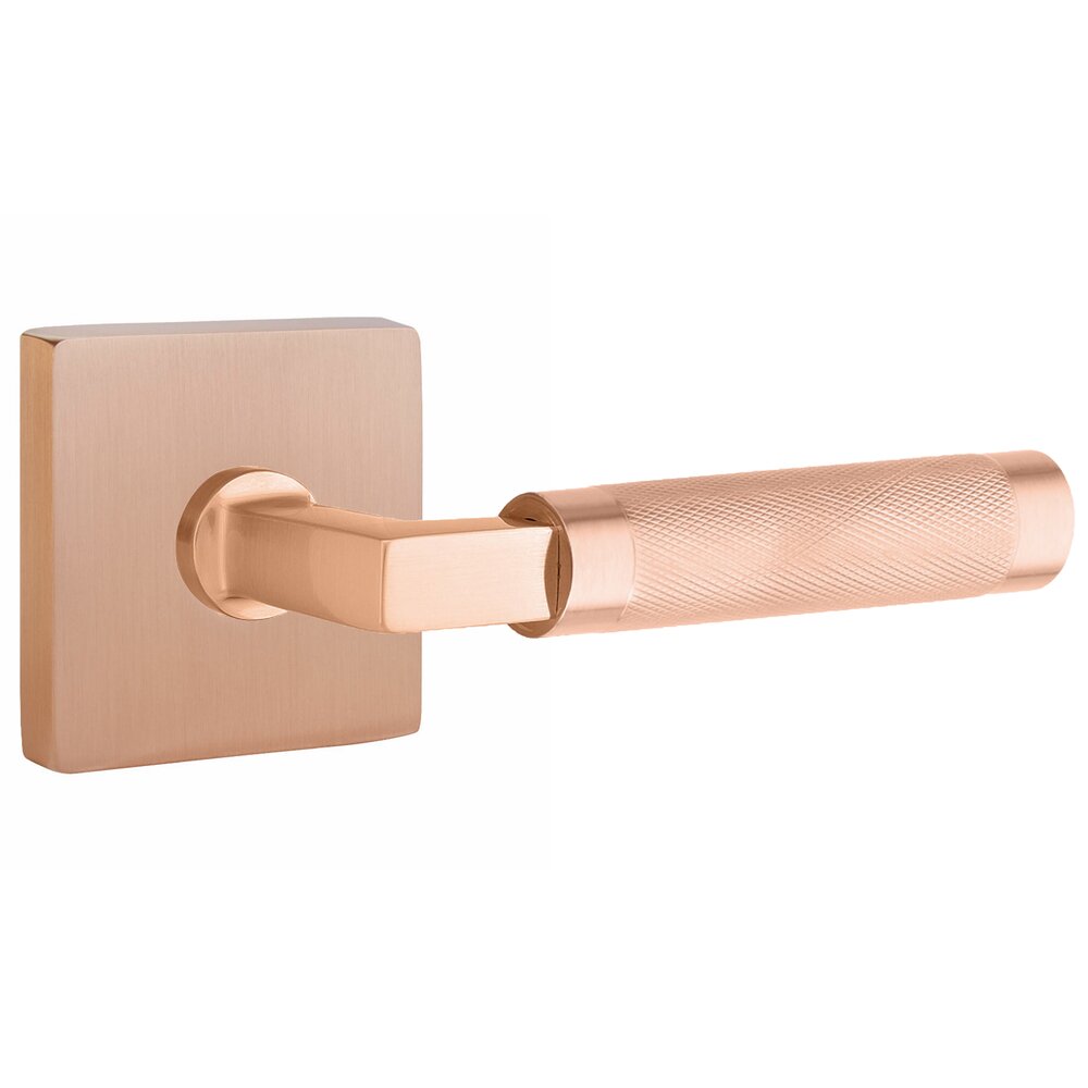Emtek Passage Knurled Right Handed Lever with L-Square Stem and Square Rosette With Concealed Screws in Satin Rose Gold