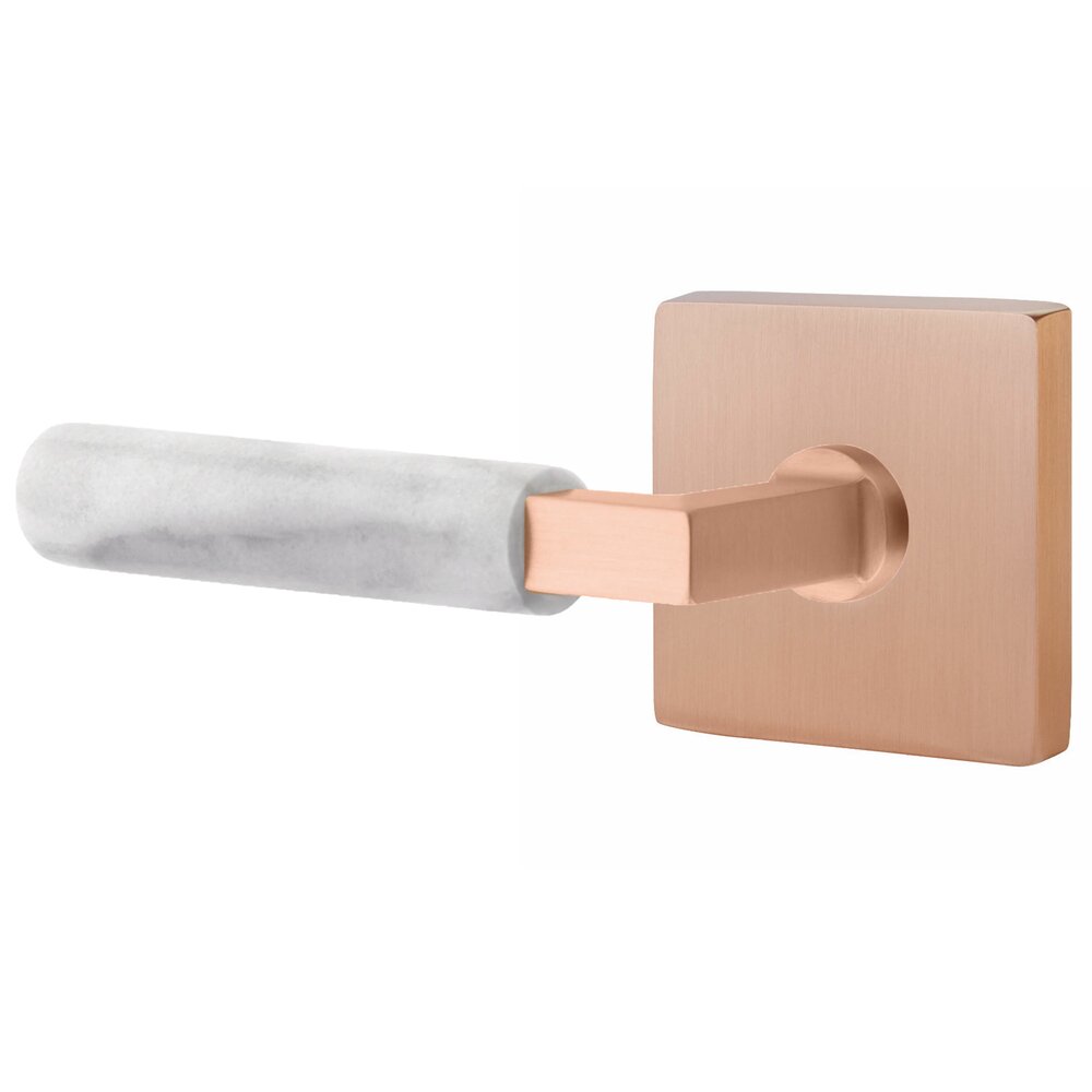 Emtek Passage White Marble Left Handed Lever With L-Square Stem And Square Rosette With Concealed Screws In Satin Rose Gold