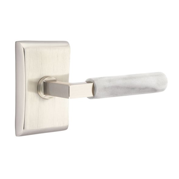 Emtek Passage White Marble Lever With L-Square Stem And Neos Rose with Concealed Screws In Satin Nickel
