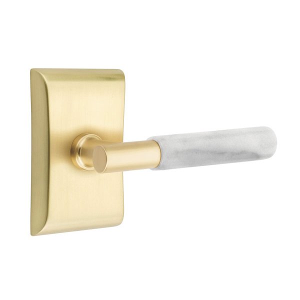 Emtek Passage White Marble Left Handed Lever With T-Bar Stem And Neos Rose In Satin Brass