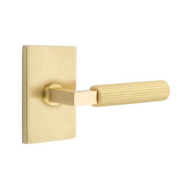 Emtek Passage Straight Knurled Right Handed Lever With L-Square Stem And Modern Rectangular Rose In Satin Brass