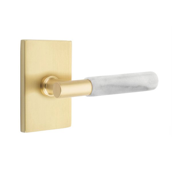 Emtek Passage White Marble Lever With T-Bar Stem And Modern Rectangular Rose with Concealed Screws In Satin Brass