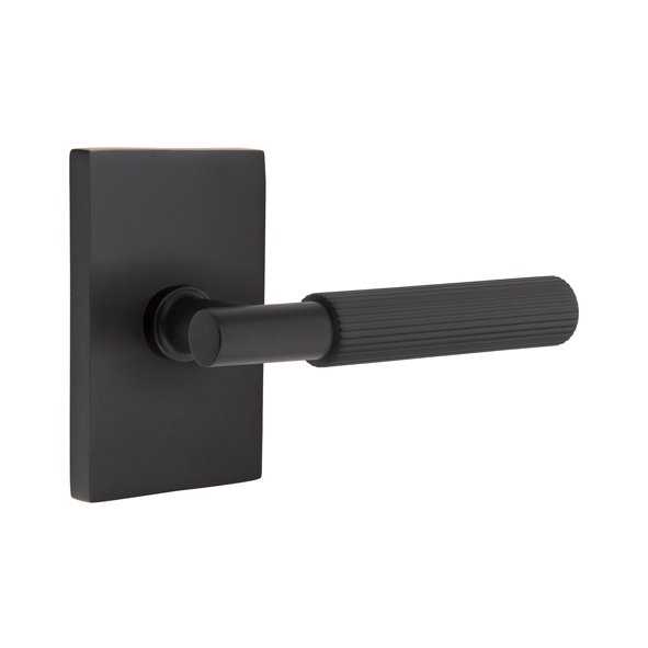 Emtek Passage Straight Knurled Lever With T-Bar Stem And Modern Rectangular Rose with Concealed Screws In Flat Black
