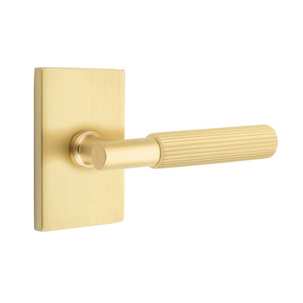 Emtek Passage Straight Knurled Lever With T-Bar Stem And Modern Rectangular Rose with Concealed Screws In Satin Brass