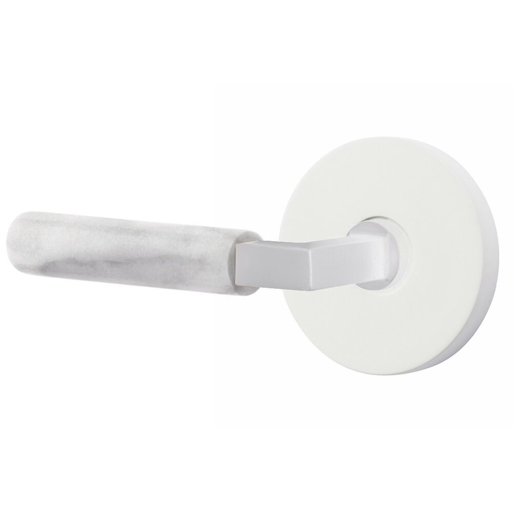 Emtek Privacy White Marble Left Handed Lever With L-Square Stem And Disk Rosette With Concealed Screws In Matte White