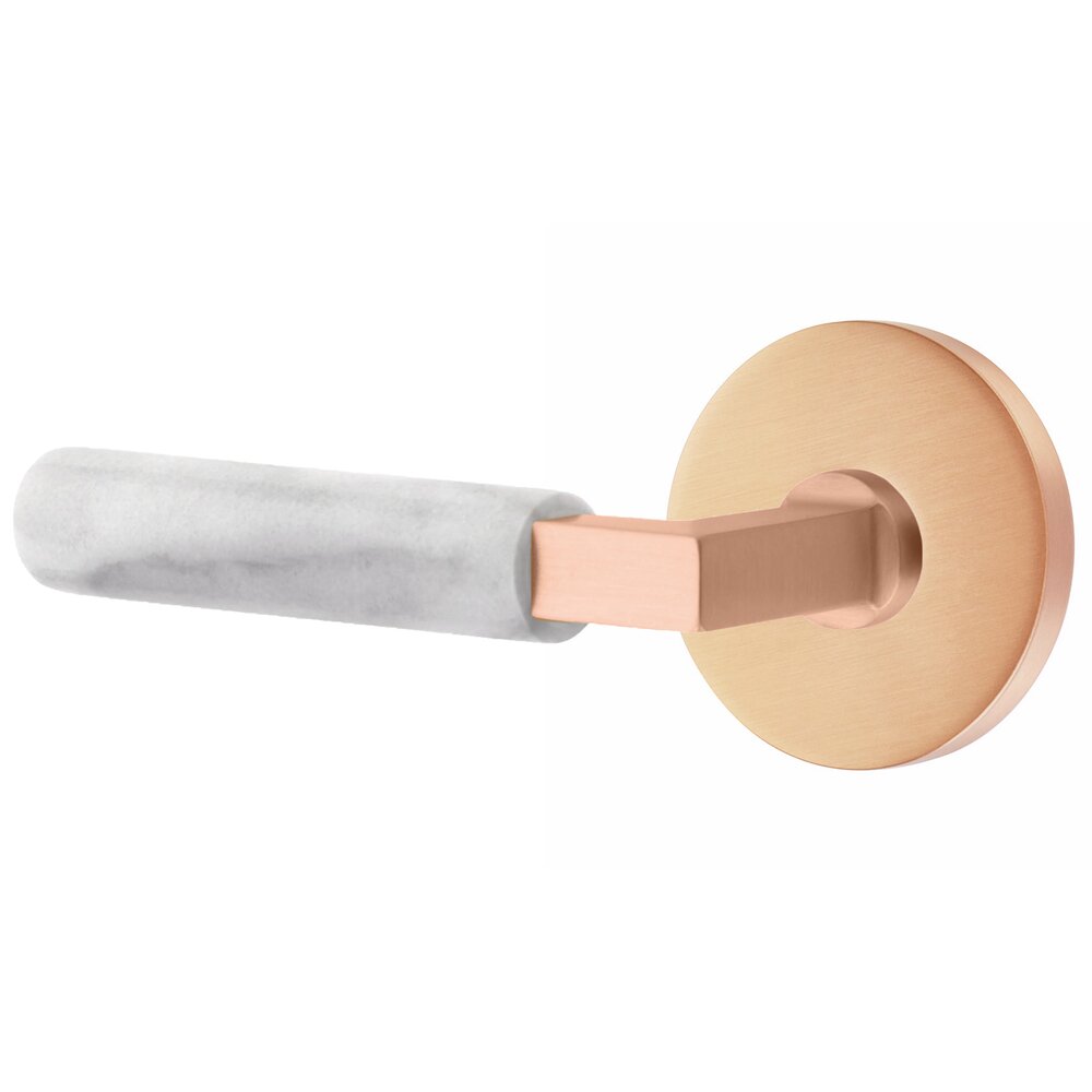 Emtek Privacy White Marble Left Handed Lever With L-Square Stem And Disk Rosette With Concealed Screws In Satin Rose Gold