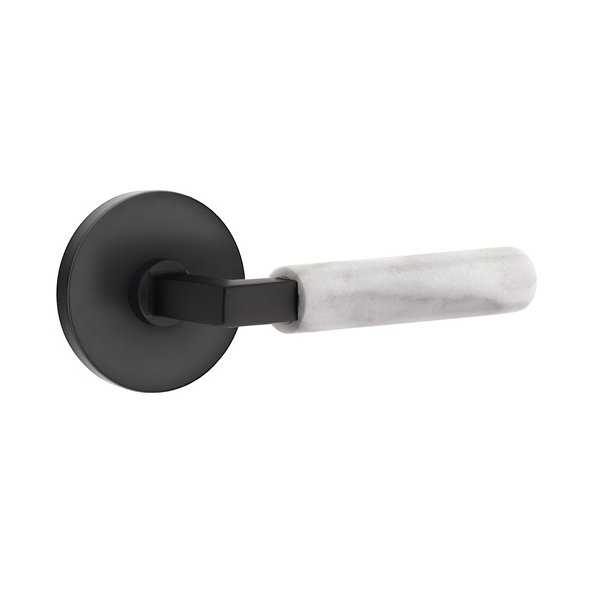 Emtek Privacy White Marble Right Handed Lever With L-Square Stem And Disk Rose In Flat Black