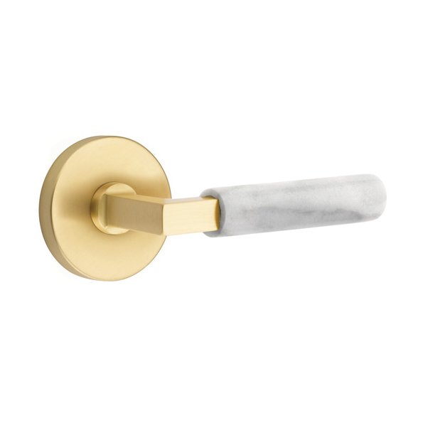 Emtek Privacy White Marble Left Handed Lever With L-Square Stem And Disk Rose In Satin Brass