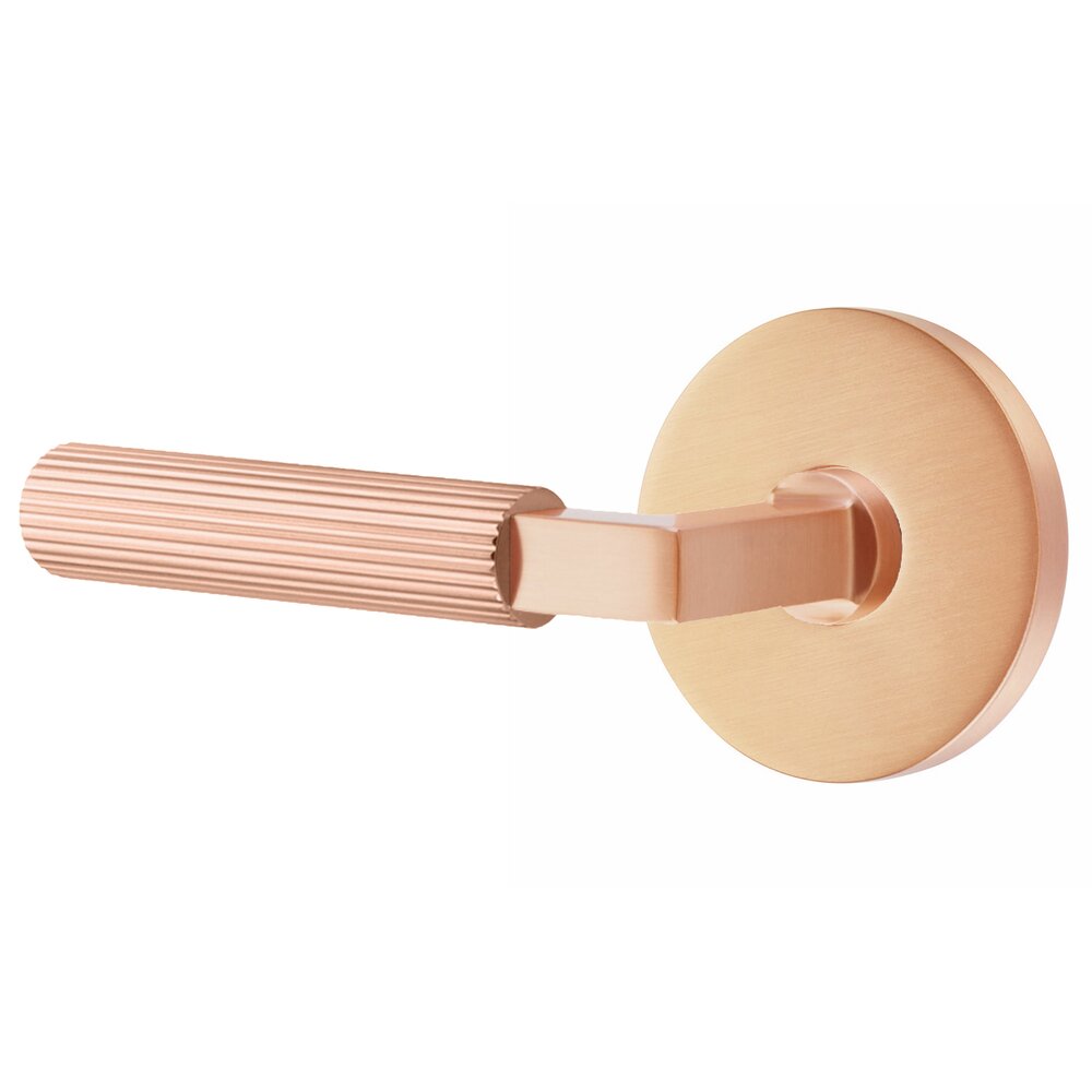 Emtek Privacy Straight Knurled Left Handed Lever With L-Square Stem And Disk Rosette With Concealed Screws In Satin Rose Gold