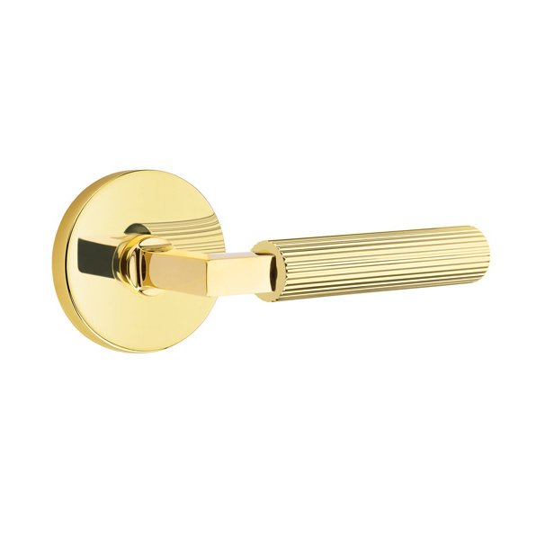 Emtek Privacy Straight Knurled Right Handed Lever With L-Square Stem And Disk Rose In Unlacquered Brass