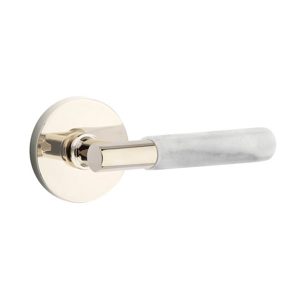 Emtek Privacy White Marble Lever With T-Bar Stem And Disk Rose with Concealed Screws In Polished Nickel