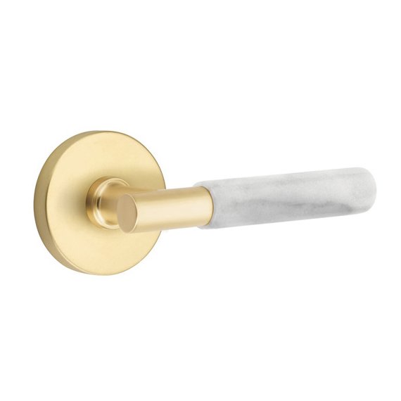 Emtek Privacy White Marble Left Handed Lever With T-Bar Stem And Disk Rose In Satin Brass