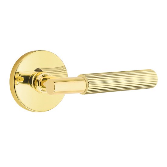 Emtek Privacy Straight Knurled Left Handed Lever With T-Bar Stem And Disk Rose In Unlacquered Brass