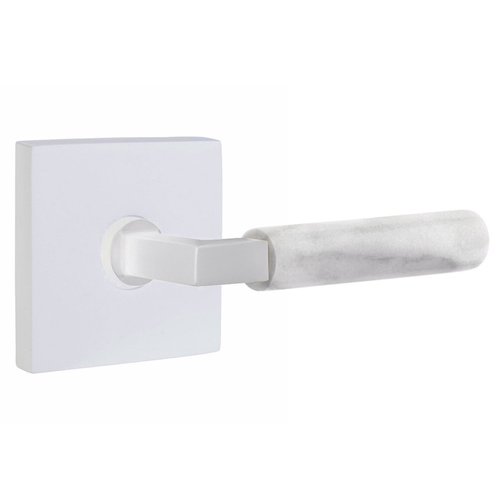 Emtek Privacy White Marble Right Handed Lever With L-Square Stem And Square Rosette With Concealed Screws In Matte White