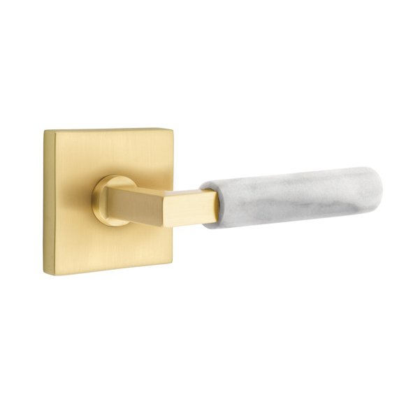 Emtek Privacy White Marble Left Handed Lever With L-Square Stem And Square Rose In Satin Brass
