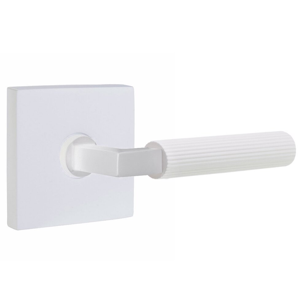 Emtek Privacy Straight Knurled Right Handed Lever With L-Square Stem And Square Rose In Matte White