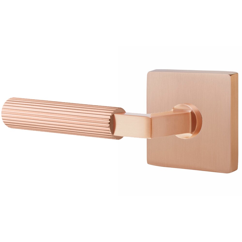 Emtek Privacy Straight Knurled Left Handed Lever With L-Square Stem And Square Rosette With Concealed Screws In Satin Rose Gold