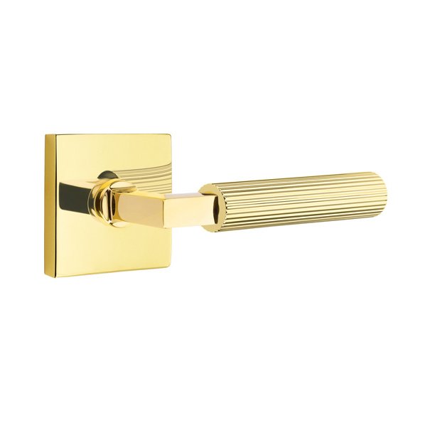 Emtek Privacy Straight Knurled Right Handed Lever With L-Square Stem And Square Rose In Unlacquered Brass