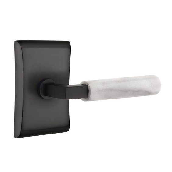 Emtek Privacy White Marble Right Handed Lever With L-Square Stem And Neos Rose In Flat Black