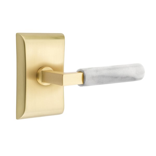 Emtek Privacy White Marble Lever With L-Square Stem And Neos Rose with Concealed Screws In Satin Brass