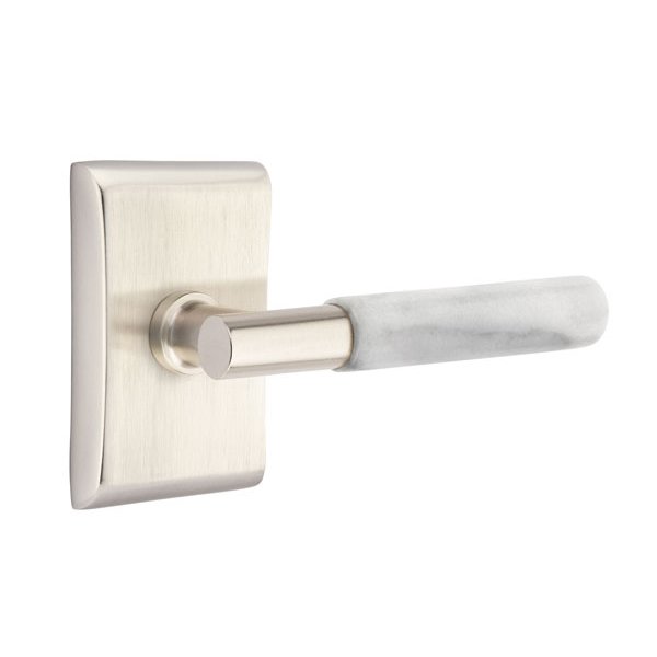 Emtek Privacy White Marble Right Handed Lever With T-Bar Stem And Neos Rose In Satin Nickel