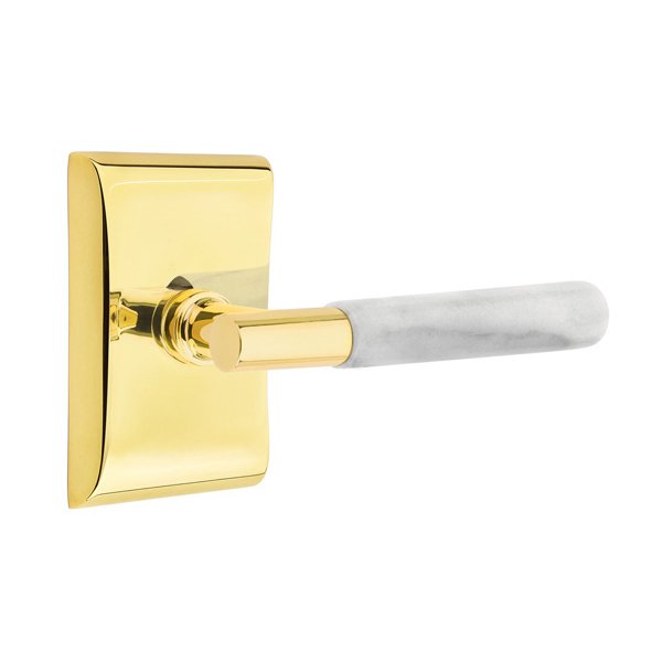 Emtek Privacy White Marble Right Handed Lever With T-Bar Stem And Neos Rose In Unlacquered Brass