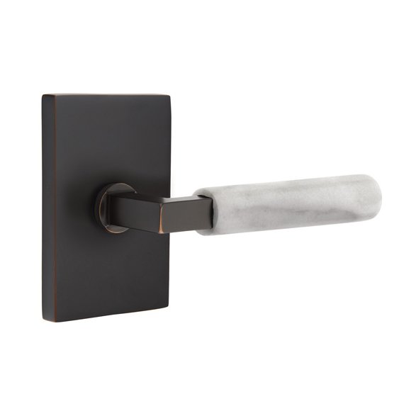 Emtek Privacy White Marble Right Handed Lever With L-Square Stem And Modern Rectangular Rose In Oil Rubbed Bronze